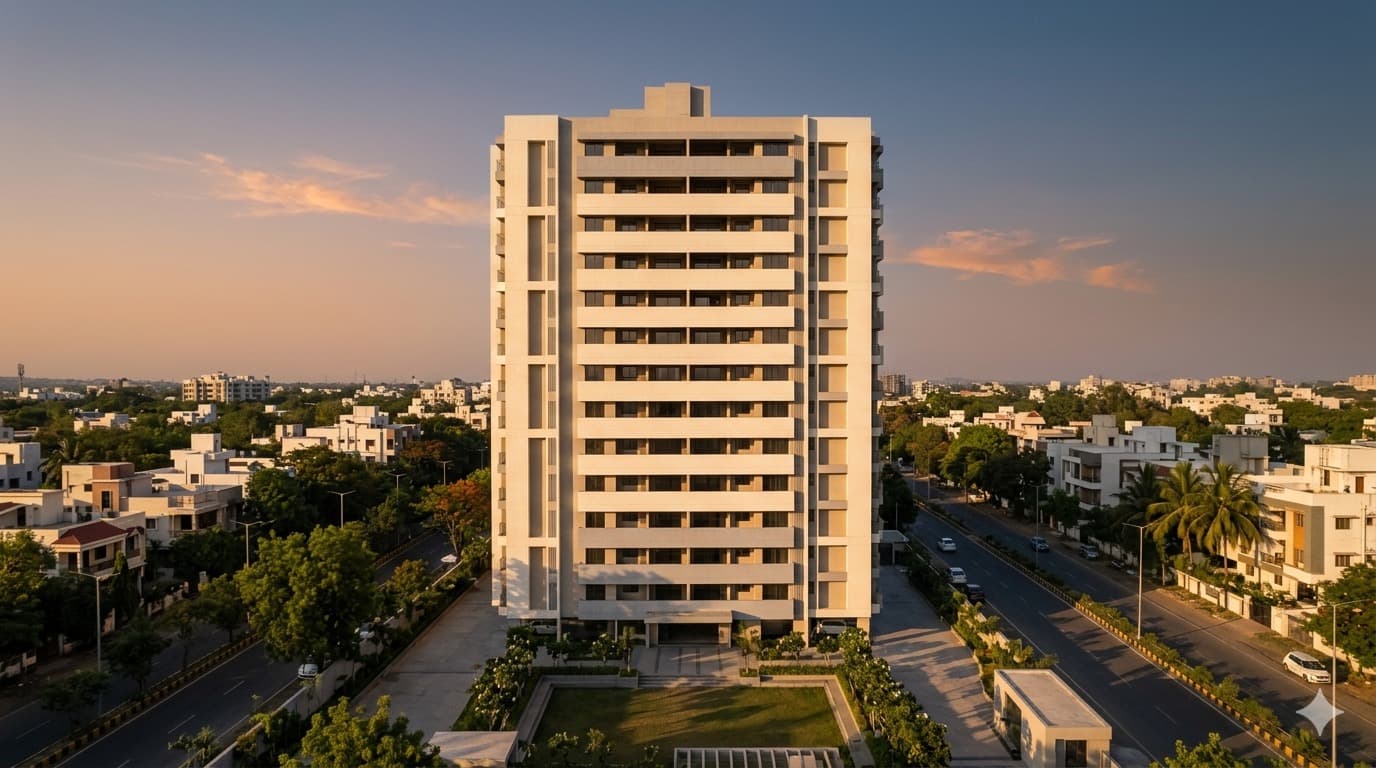 Aerial view of a residential tower built with VAJRA AAC blocks