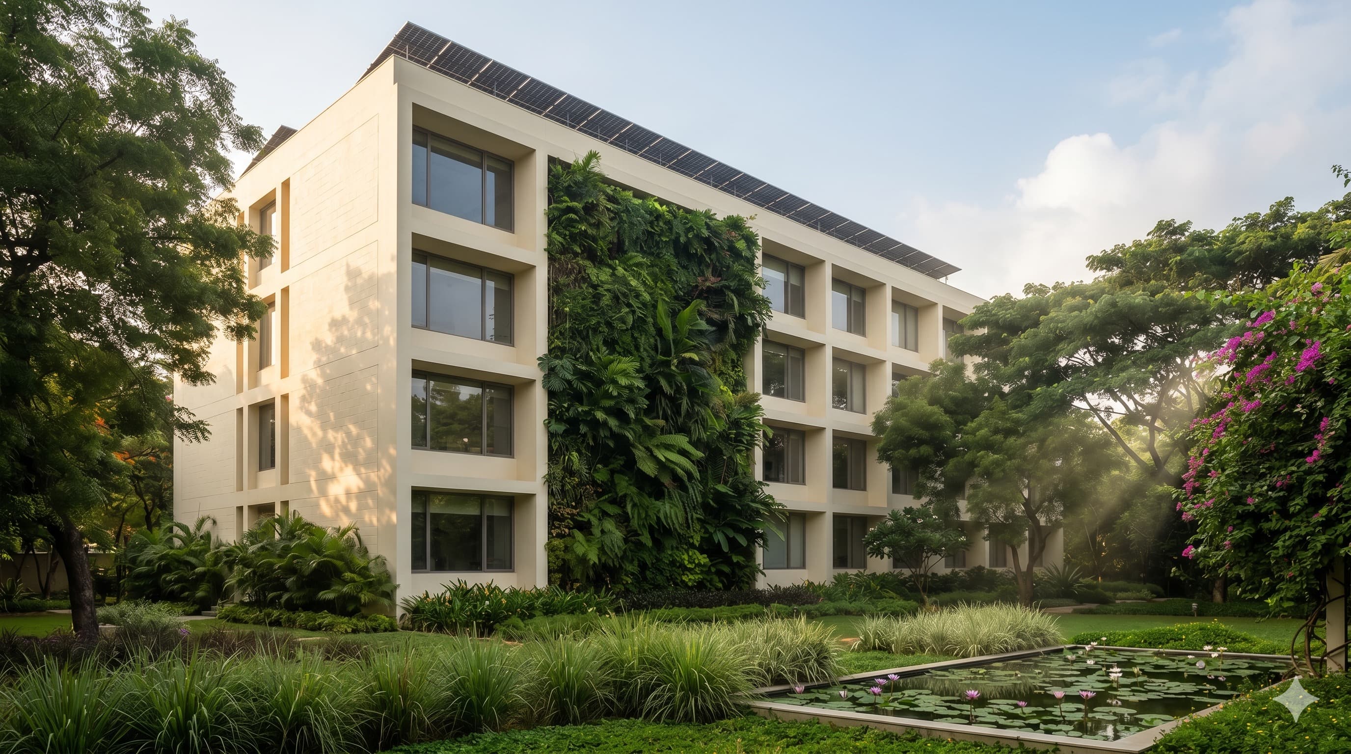Modern green building with living wall and solar panels