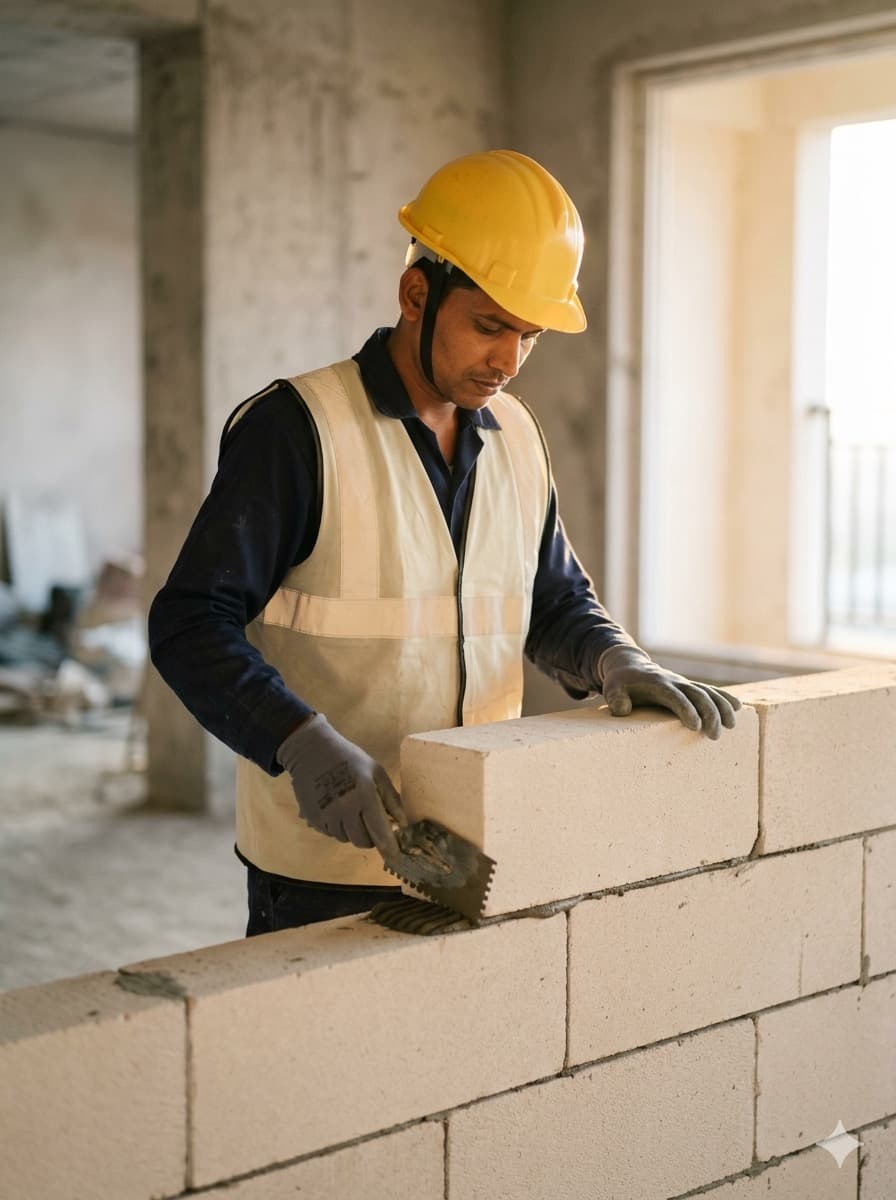 Construction worker precisely laying AAC blocks